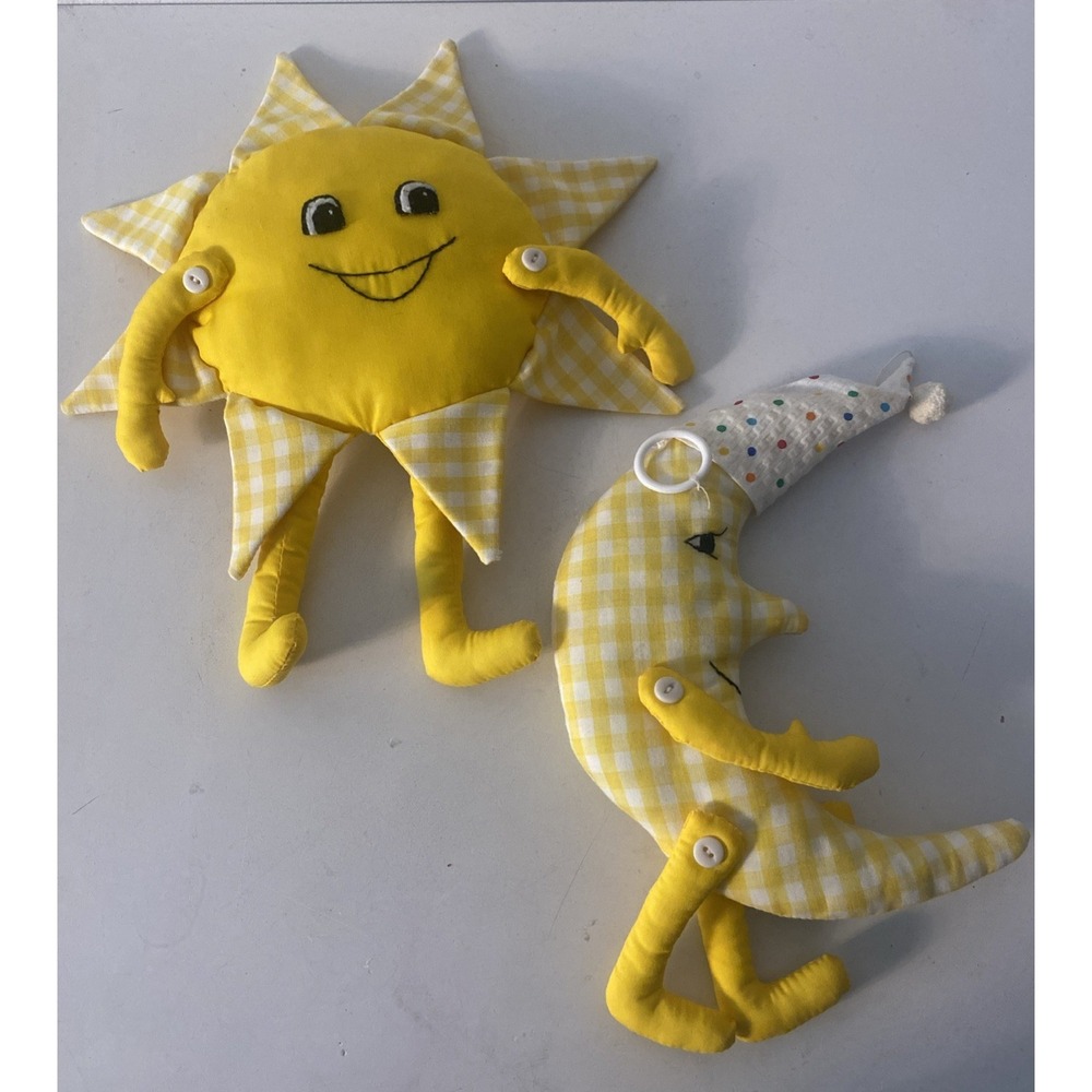 Vintage Handmade Stuffed Celestrial Sun Moon Gingham Anthropomorphic Kitsch